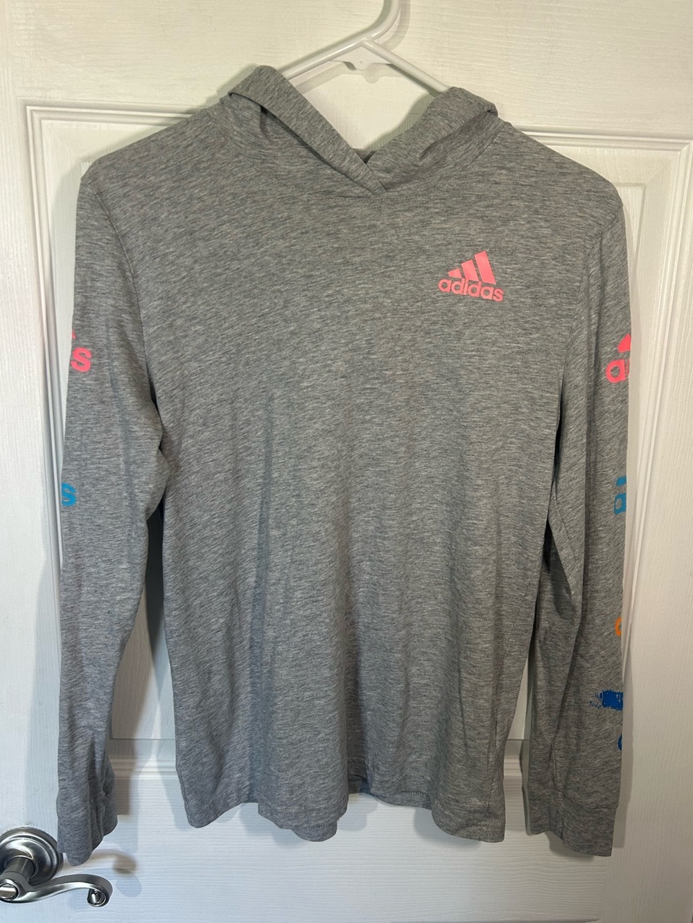 adidas Girls Glitch Logo Hooded Long Sleeve T-Shirt Gray Size Large (Youth)